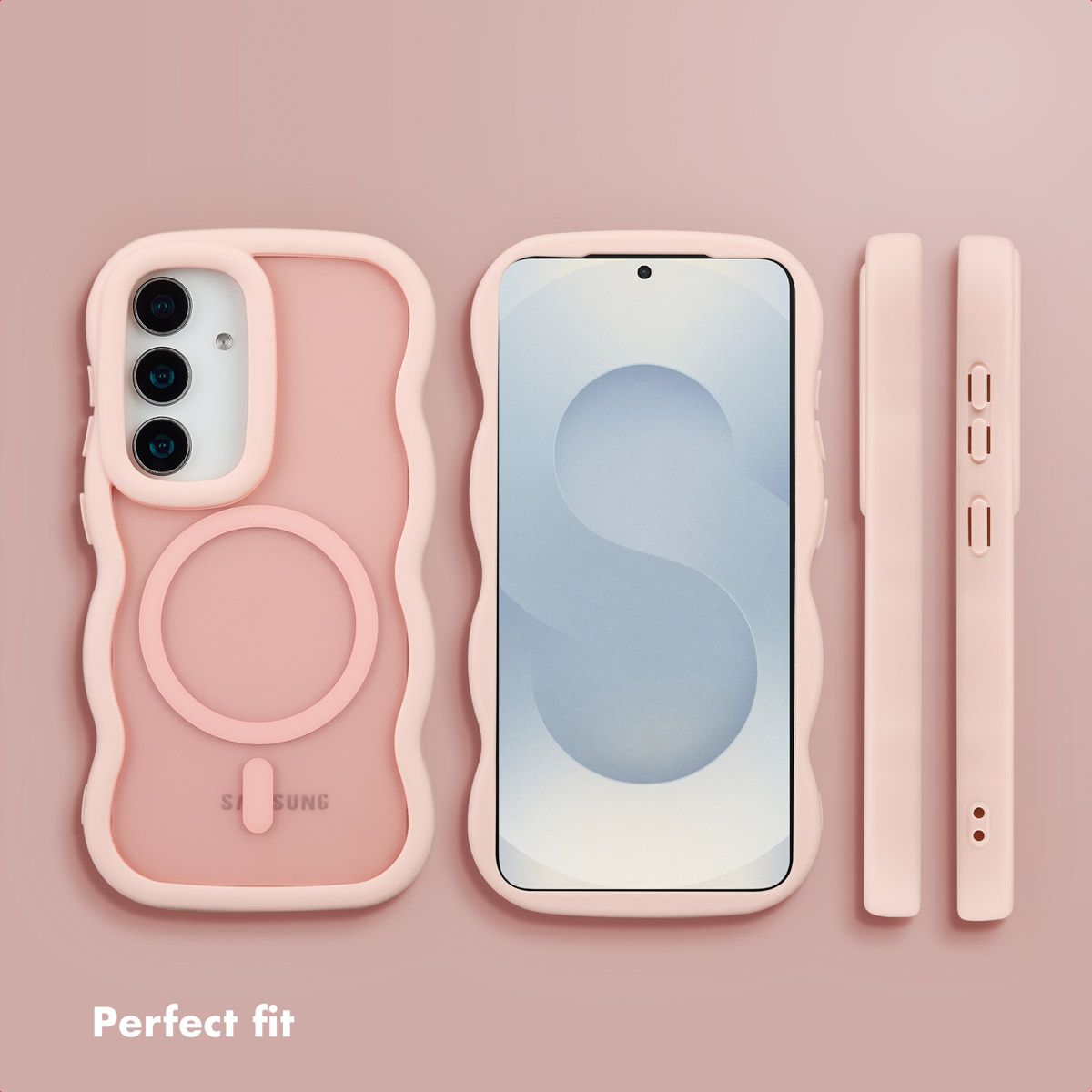 Custodia per telefono rosa ondulata mostrata da retro, fronte e lato su sfondo rosa.
