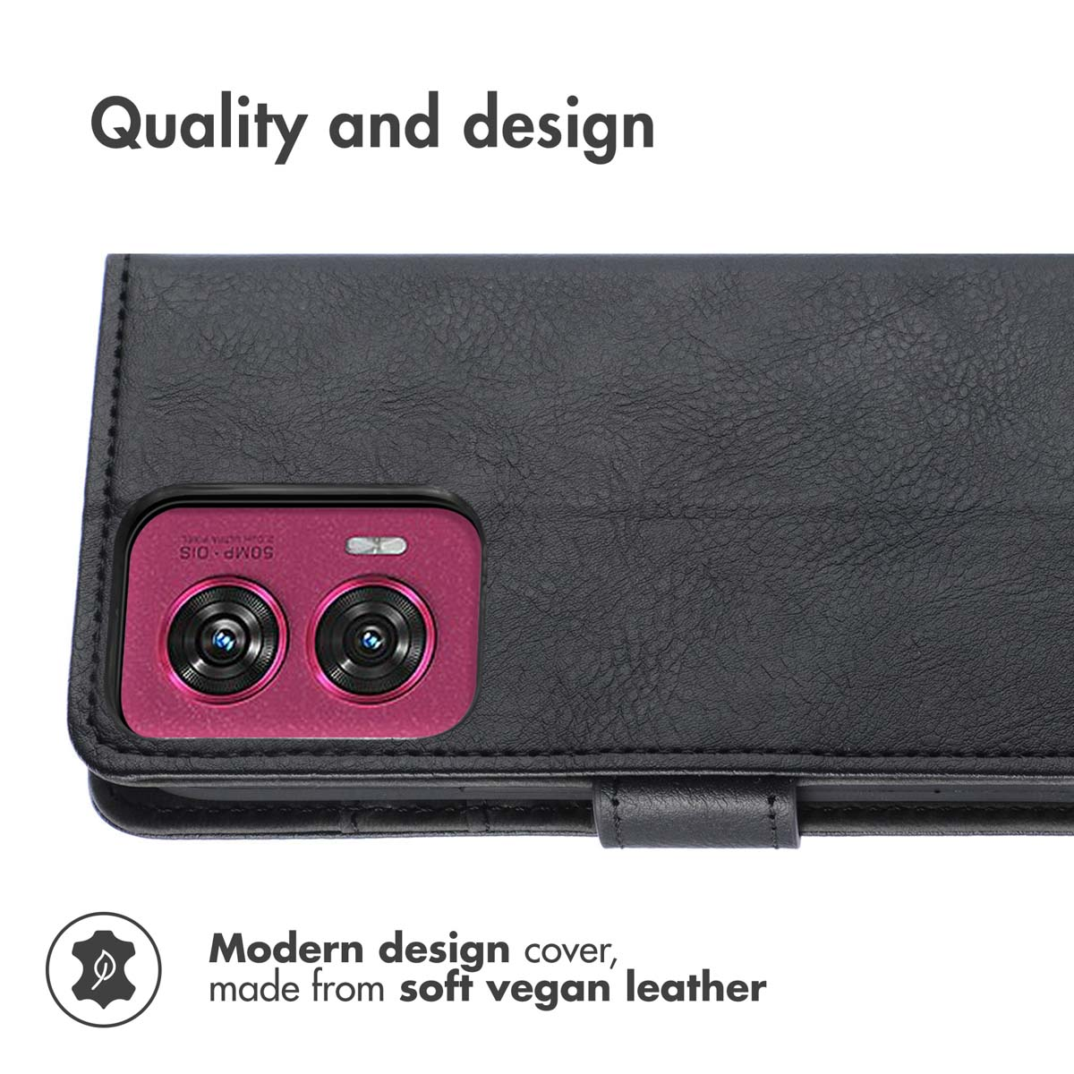 Custodia per telefono in pelle vegana nera con doppia fotocamera e inserto rosa.