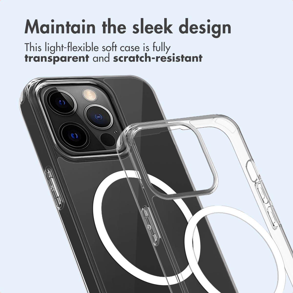 Custodia trasparente antigraffio con anello MagSafe sul retro.