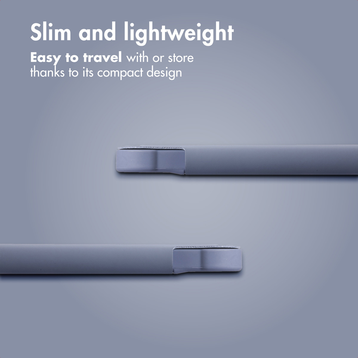Slank, lichtgewicht ontwerp met tekst over eenvoudig reizen en opbergen.