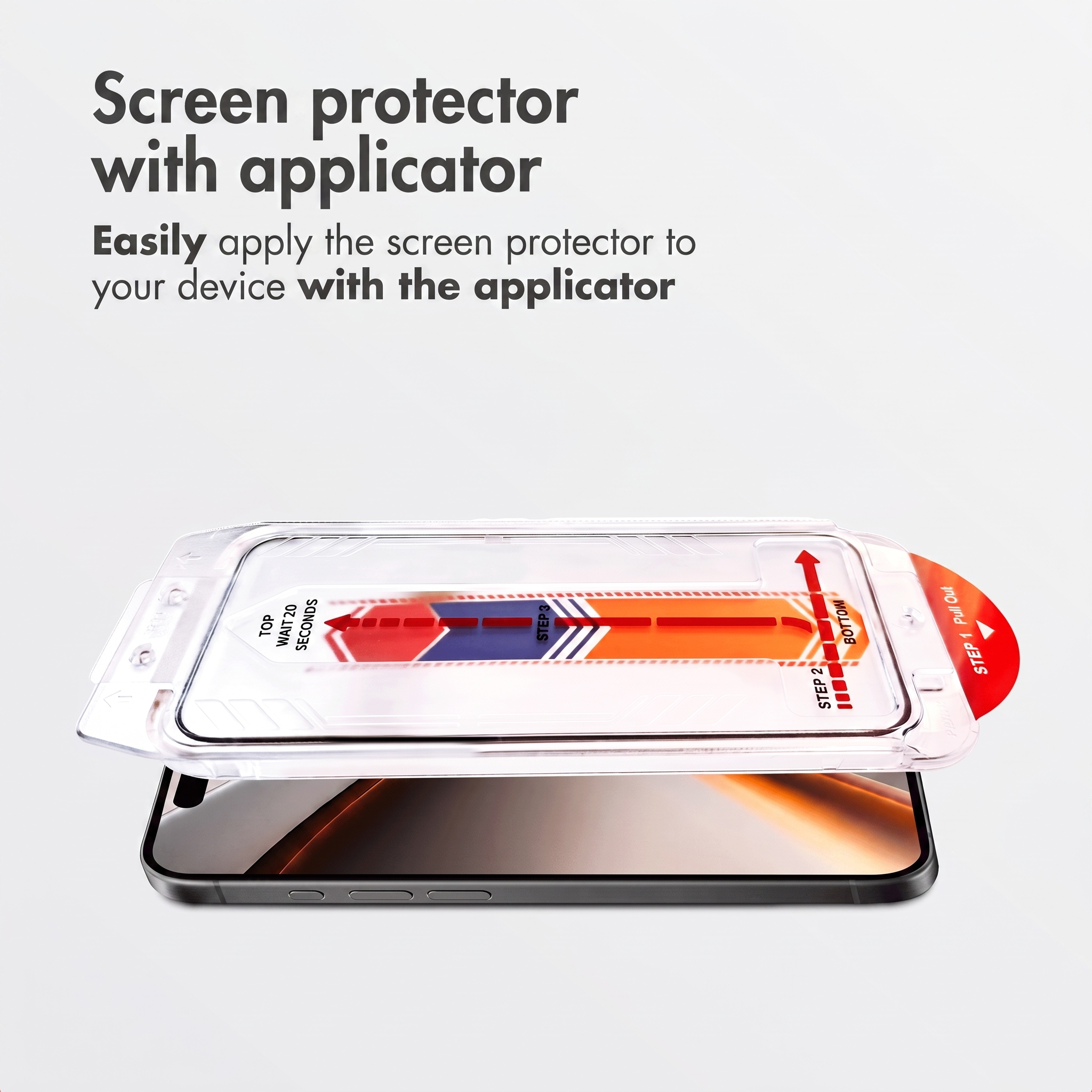 Screen protector with applicator positioned above a smartphone, showing instructions.