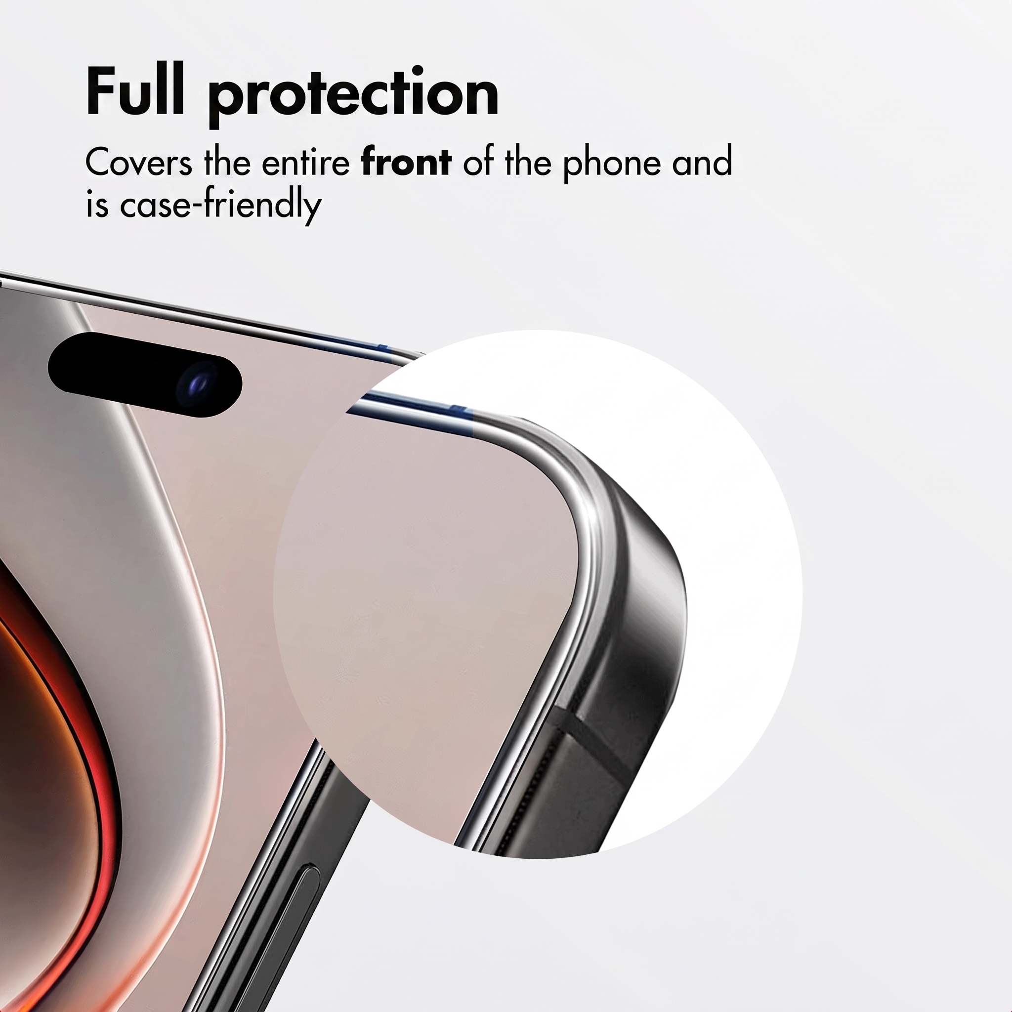 Smartphone screen with a protective film, focusing on the curved corner and "Full protection" text.