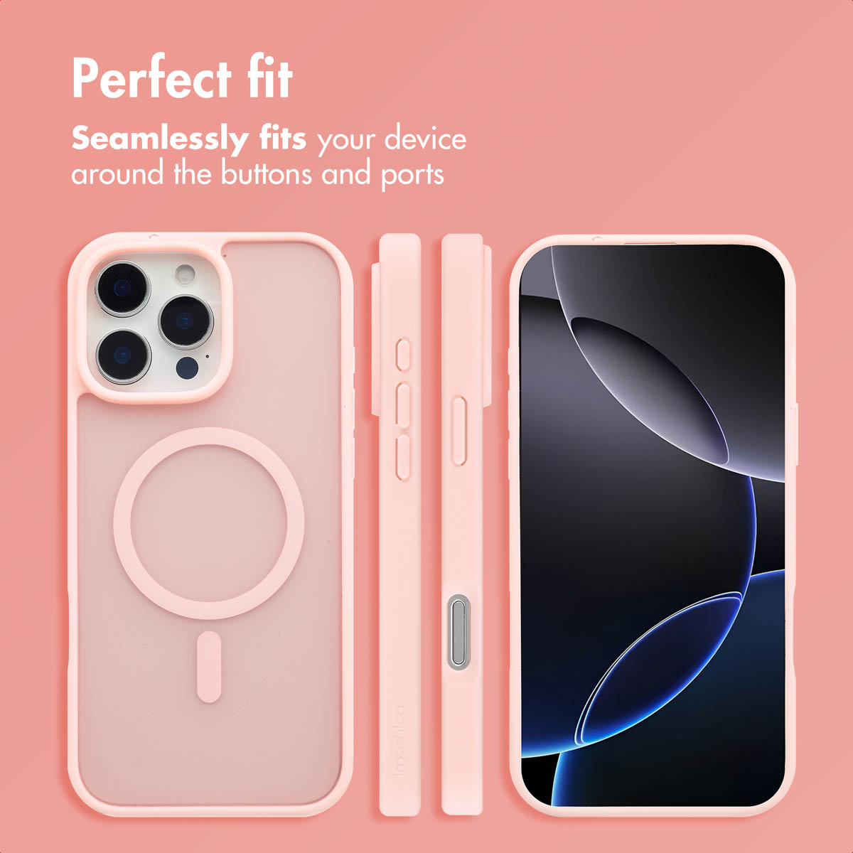 Funda rosa para iPhone con anillo MagSafe, perfiles laterales y vista frontal en fondo rosa.
