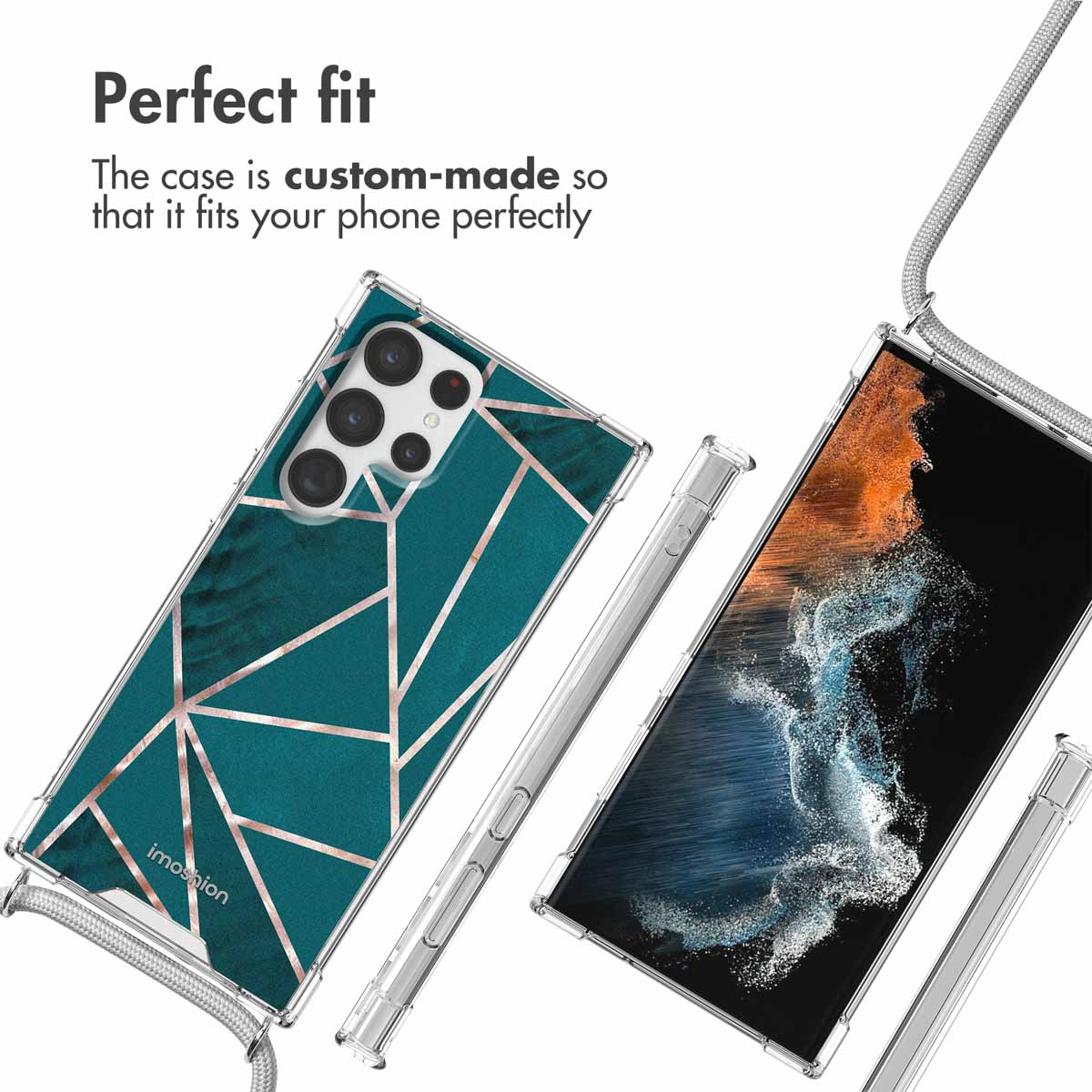 Coque de téléphone avec motif marbre vert et rose, lanière et texte sur un ajustement parfait.