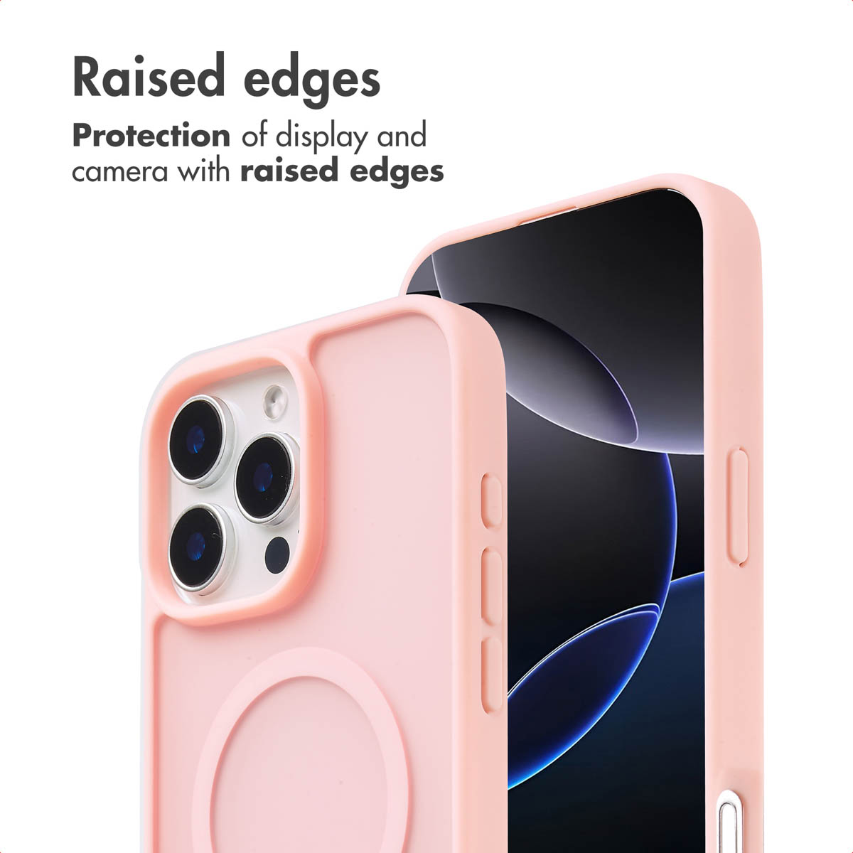 Funda rosa para teléfono con bordes elevados para protección.