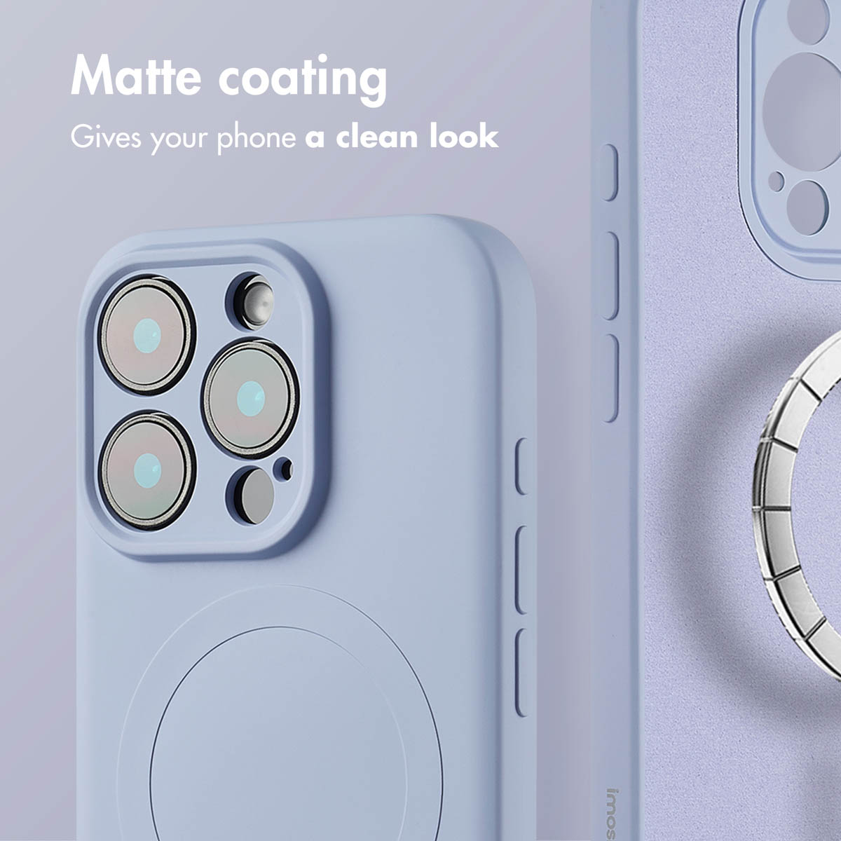 Custodia per telefono viola con finitura opaca, modulo fotocamera e magnete circolare.