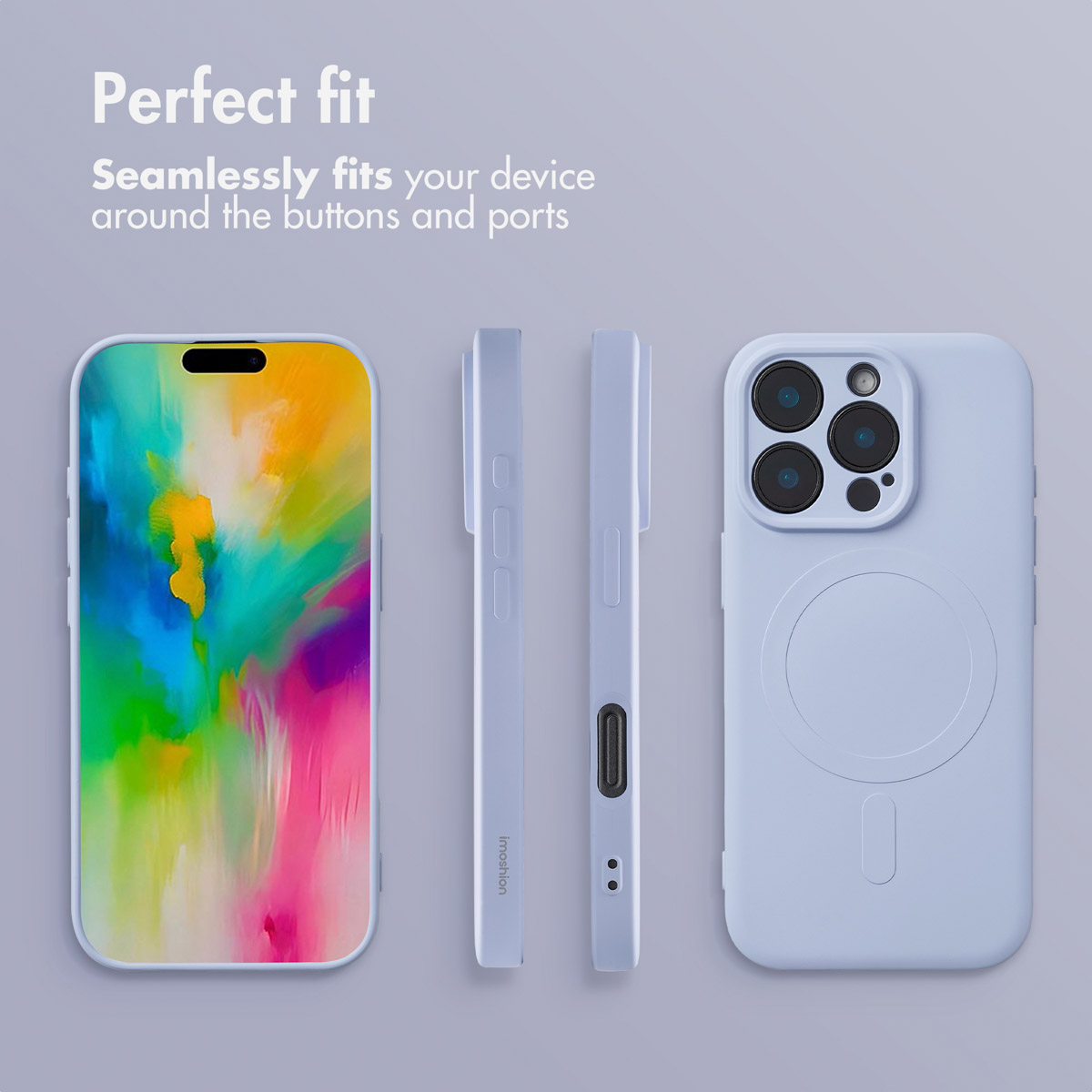 Una cover per smartphone azzurra mostrata da davanti, dietro e sui lati su sfondo chiaro.
