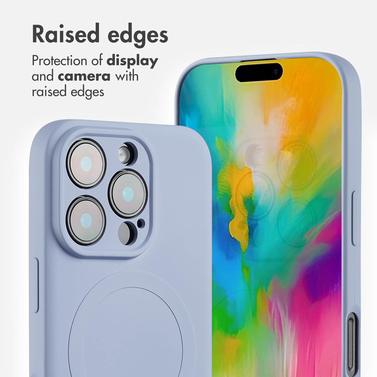 Custodia blu per smartphone con bordi rialzati per proteggere schermo e fotocamera.