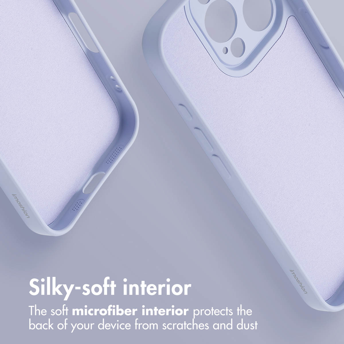 Due cover per telefono viola chiaro che mostrano il loro interno in morbida microfibra.