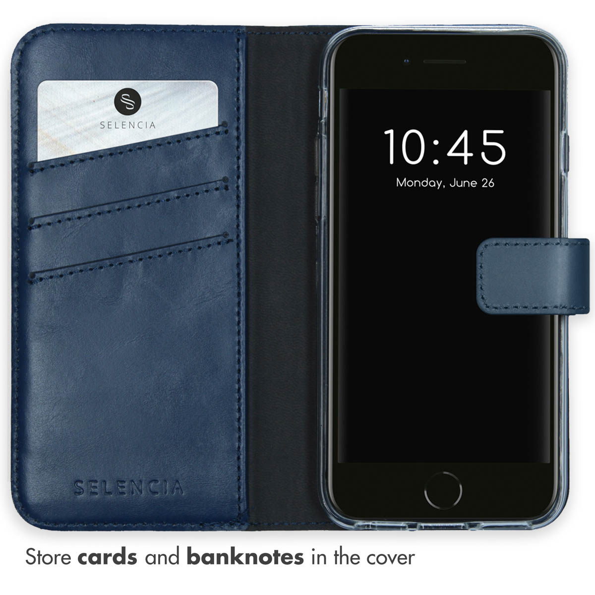 Un étui de téléphone en cuir bleu avec des fentes pour cartes à gauche et un smartphone à droite.