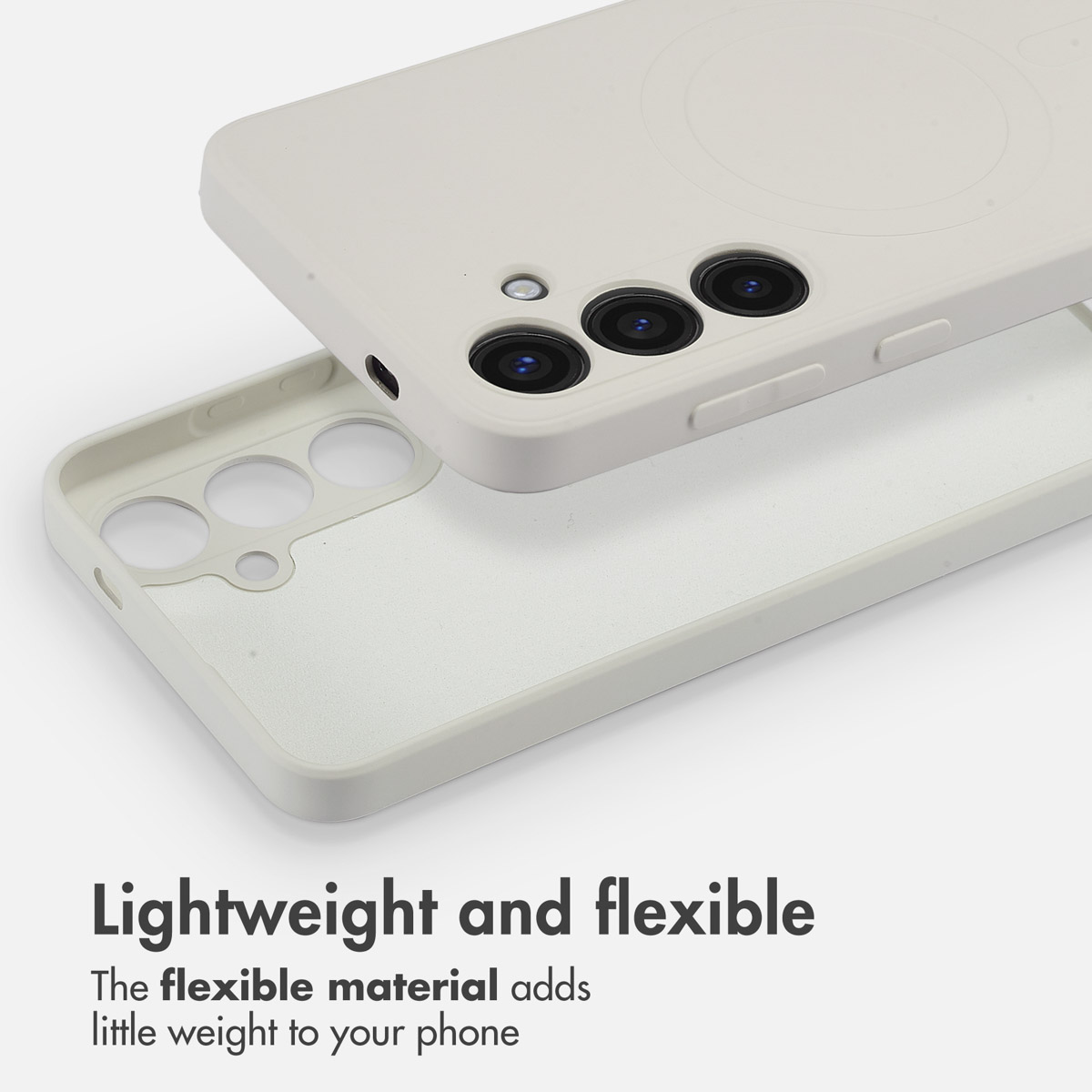 Deux coques de téléphone blanches sur fond clair avec du texte.