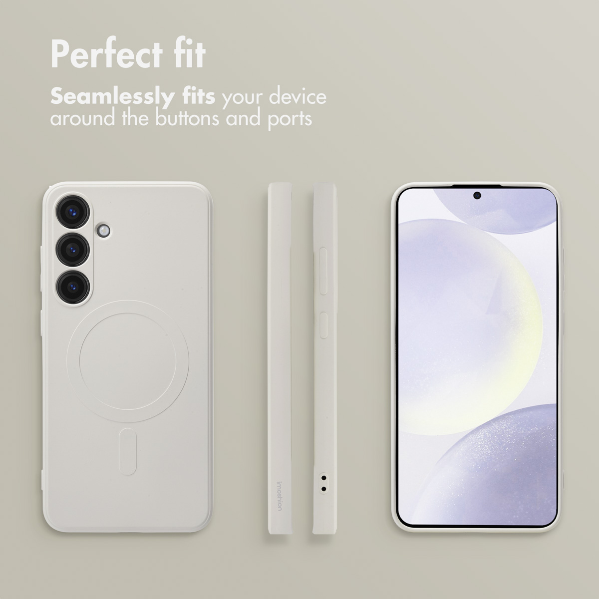 Vues d'une coque de smartphone claire de dos, de profil et de face sur fond beige.