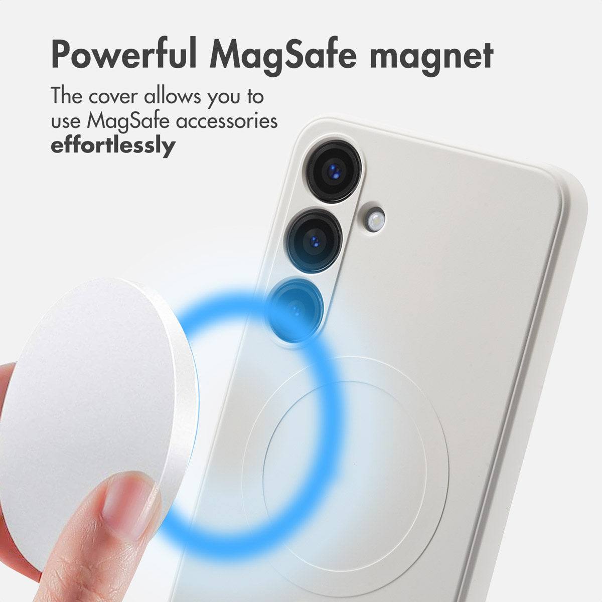 Un smartphone blanc avec une coque MagSafe et un aimant puissant.