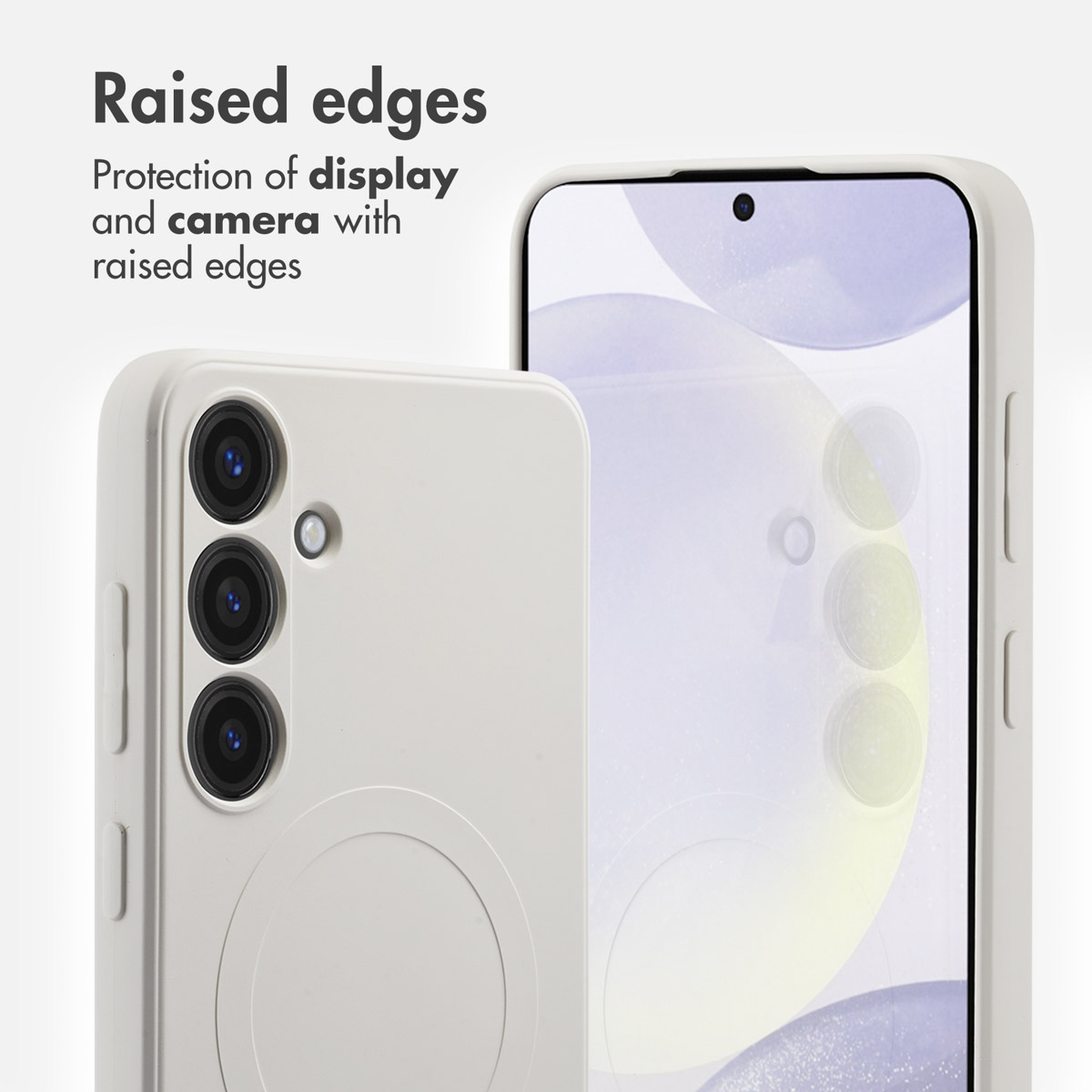 Smartphone blanc avec coque de protection, montrant des bords surélevés.