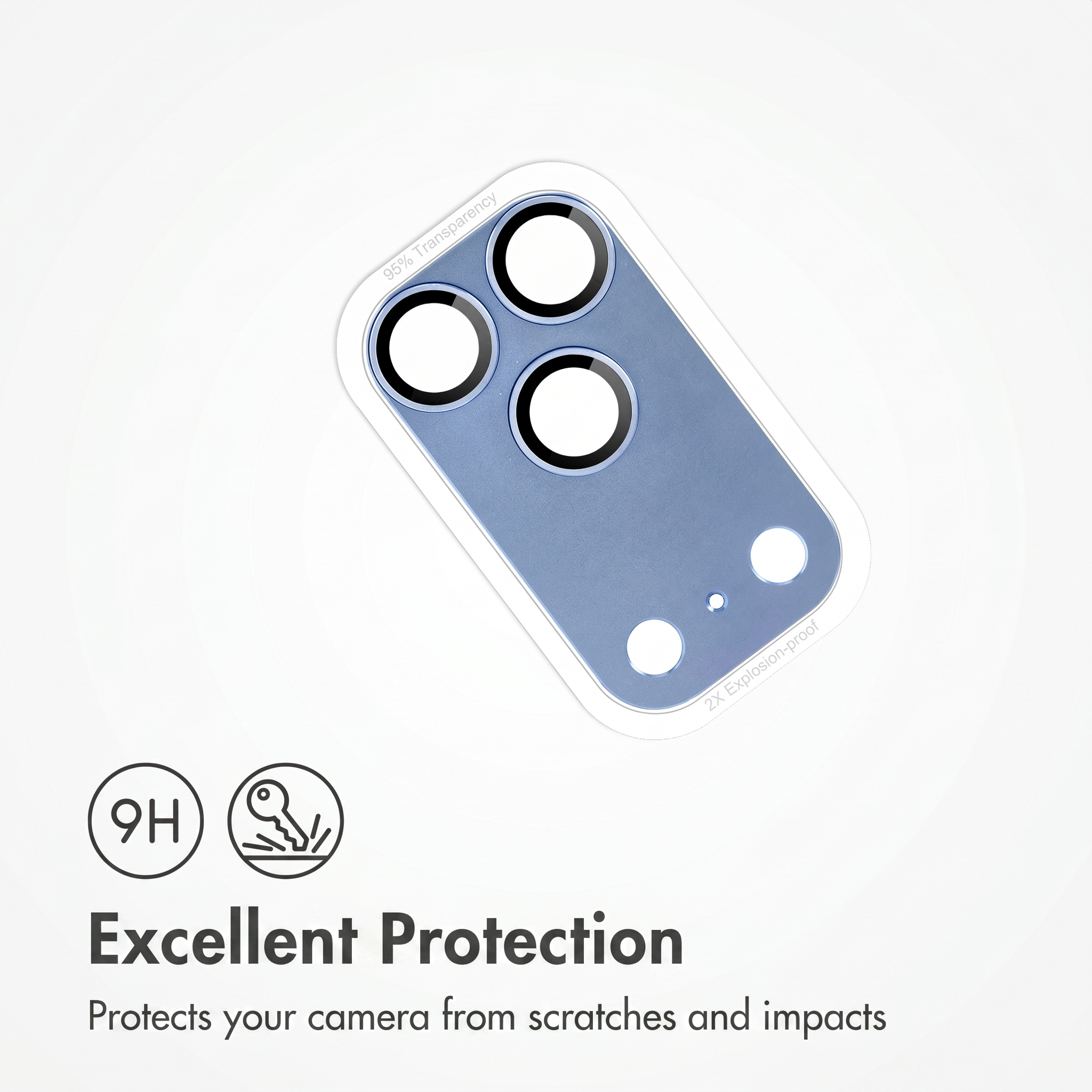 Una protezione per fotocamera per smartphone blu con tre ritagli per obiettivi e il testo Eccellente Protezione sotto.