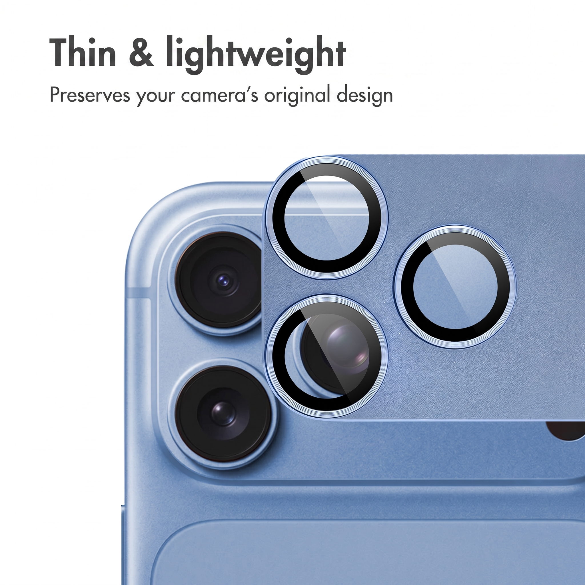 Primo piano di un modulo fotocamera per smartphone blu con coperture in vetro protettivo su sfondo bianco.