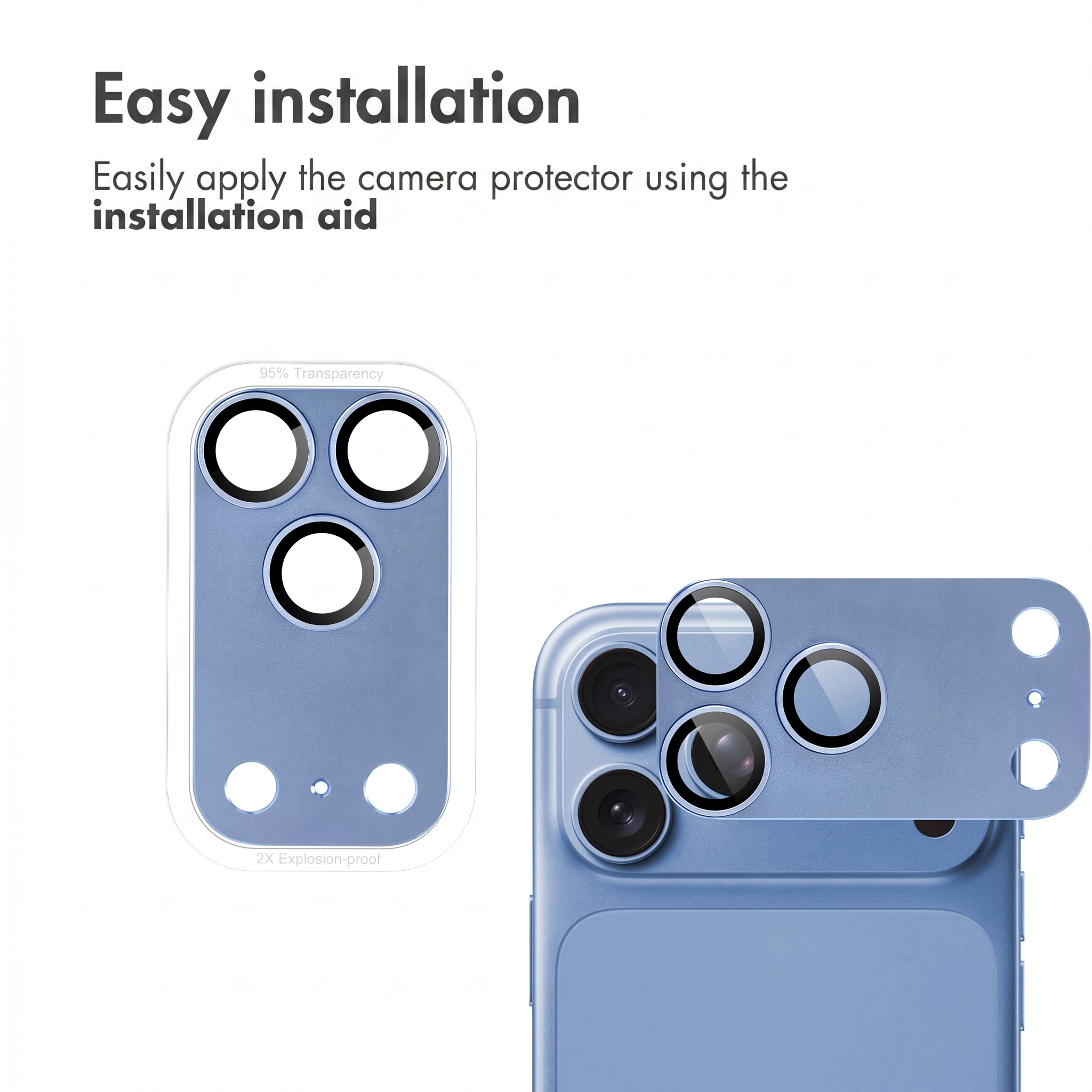 Un'immagine dimostrativa che mostra l'applicazione di una protezione per fotocamera blu su uno smartphone.