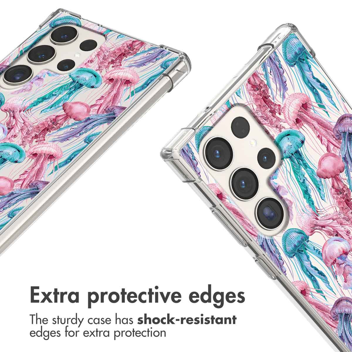 Coque transparente avec motif de meduses colorees et coins renforces.