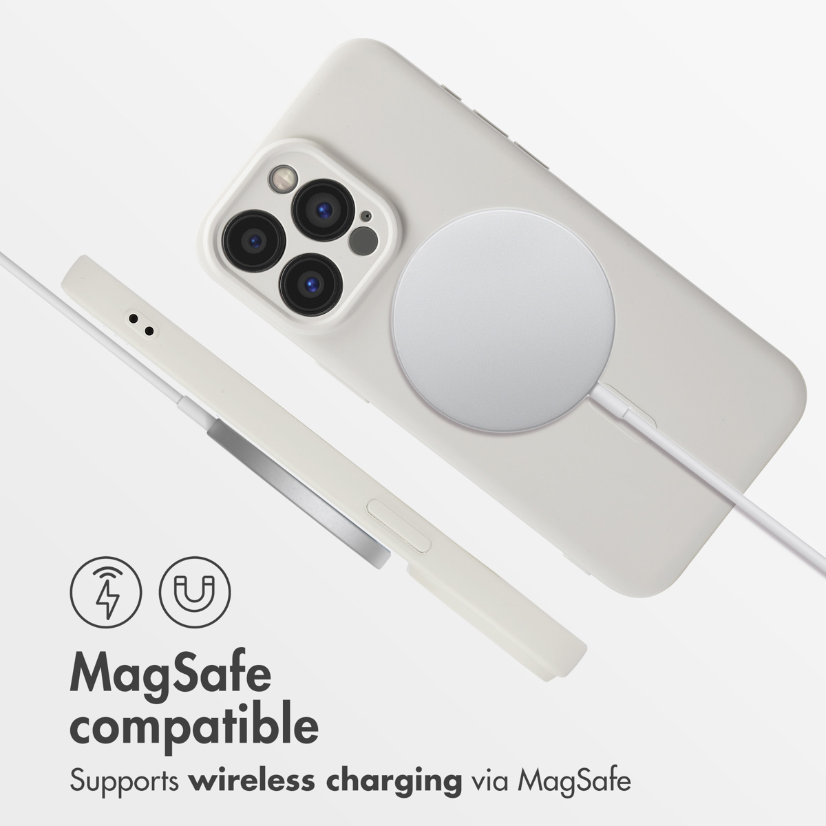 Un smartphone blanco con cargador MagSafe y el texto MagSafe compatible.