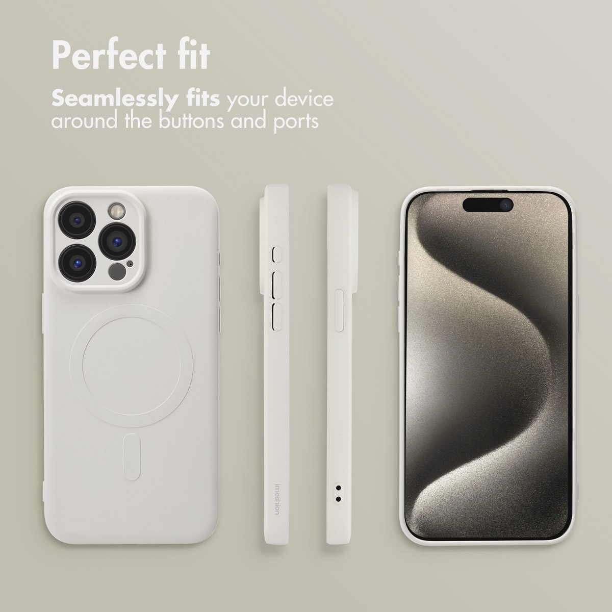 Funda de teléfono blanca mostrada desde varios ángulos junto a un teléfono, con texto Ajuste perfecto.