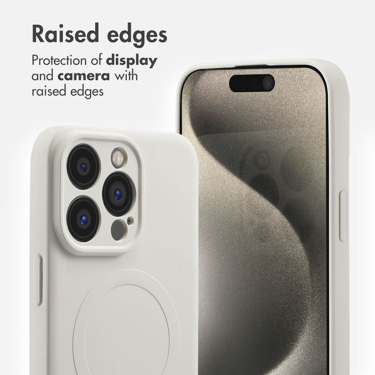 Funda blanca para smartphone con bordes elevados para proteger la pantalla y la cámara.