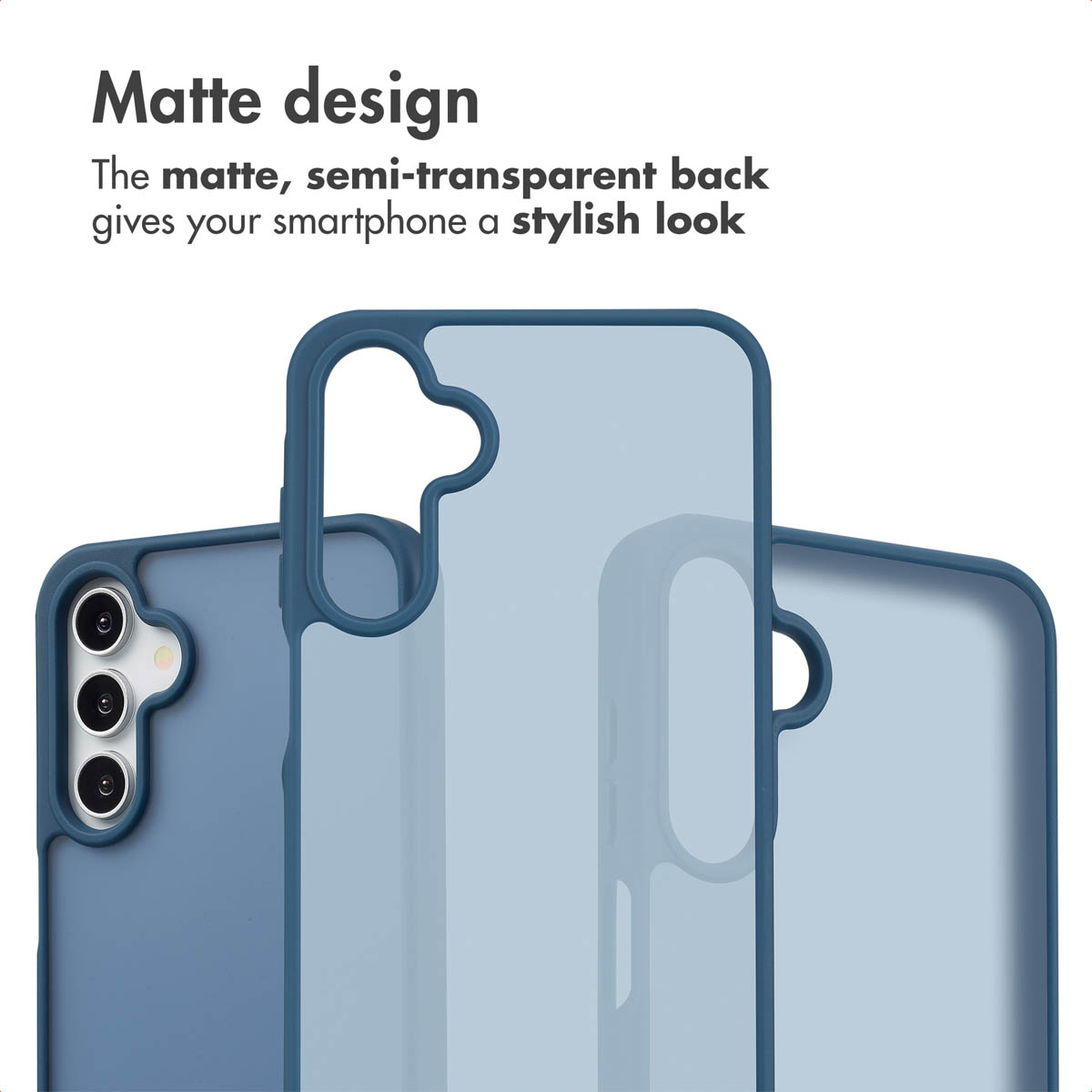 Tres fundas de smartphone azules, mate y semitransparentes sobre fondo blanco con texto.