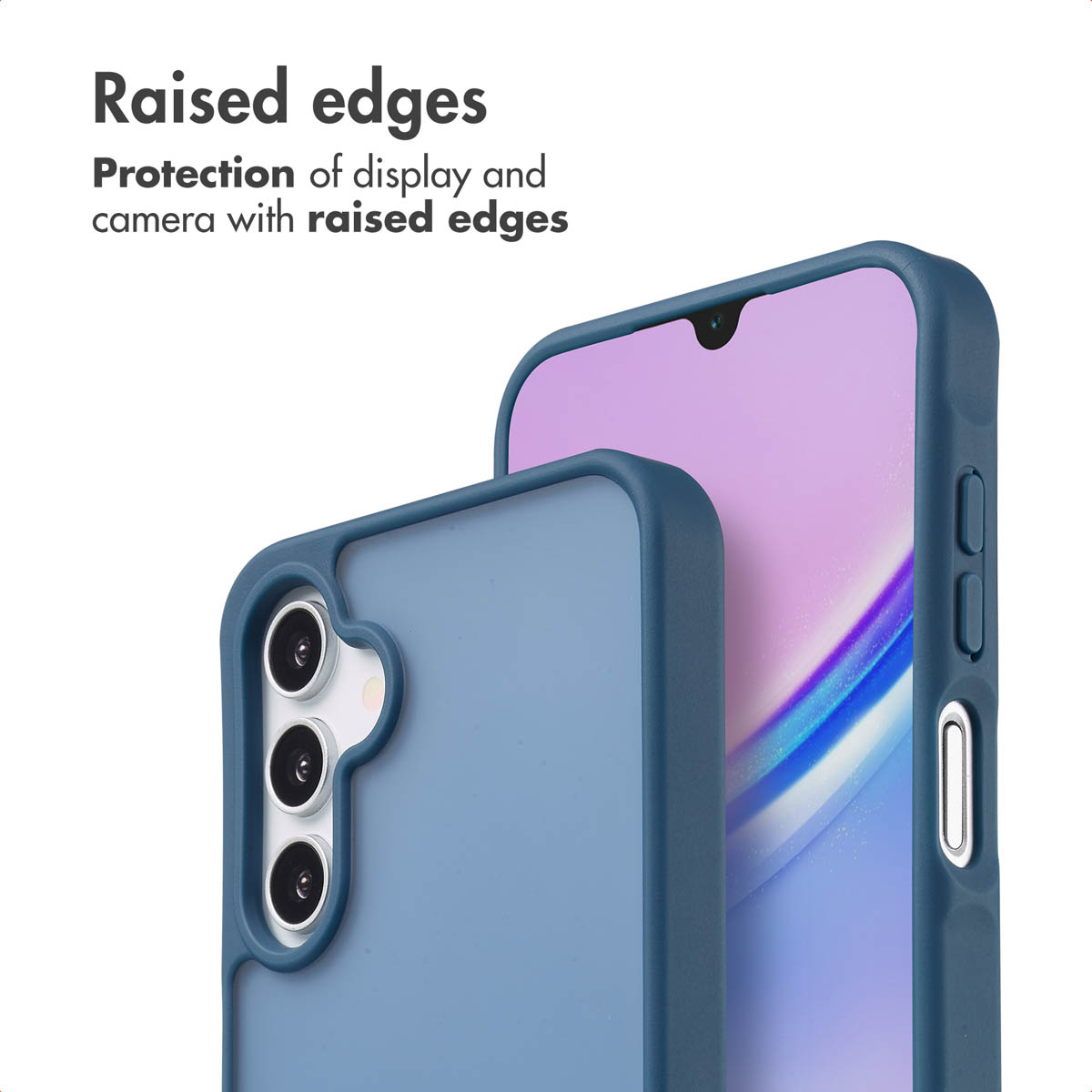 Fundas de móvil azules con bordes elevados para proteger la pantalla y la cámara.