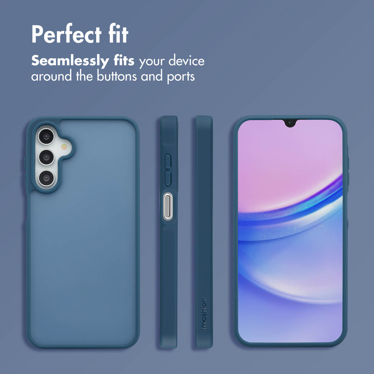 Una funda de smartphone azul mostrada desde múltiples ángulos sobre fondo azul.