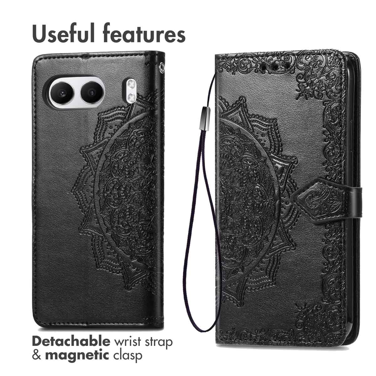 Schwarze Leder-Handyhülle mit Mandala-Prägung, abnehmbarem Armband und Magnetverschluss.