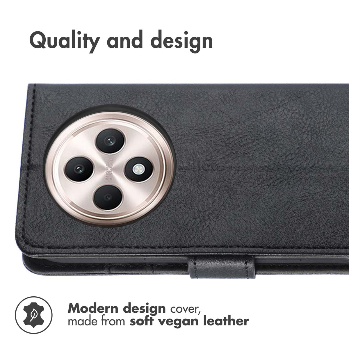 Funda de cuero vegano negro con recorte de cámara circular y texto.