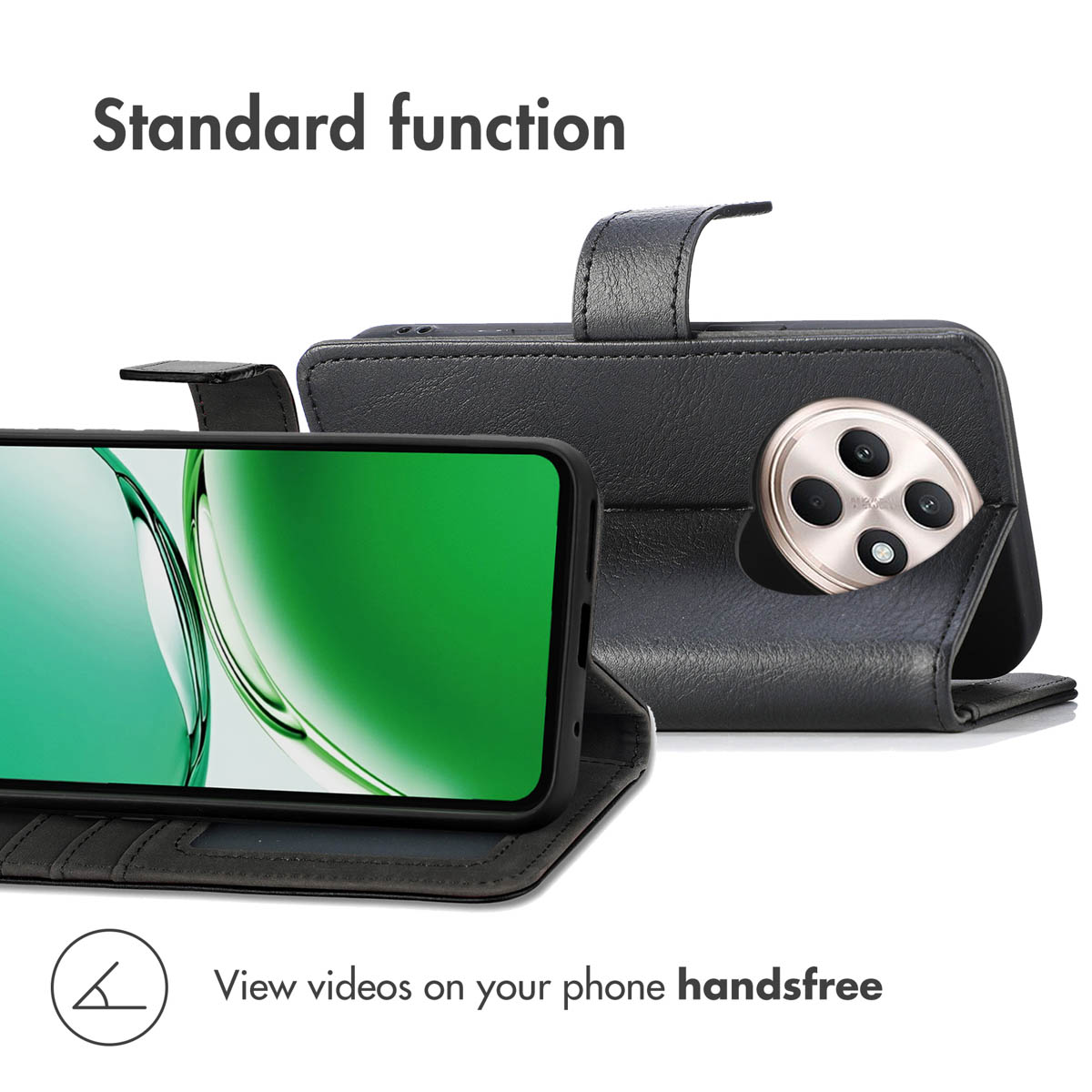 Una funda de piel negra para smartphone con soporte que muestra la pantalla y la cámara.