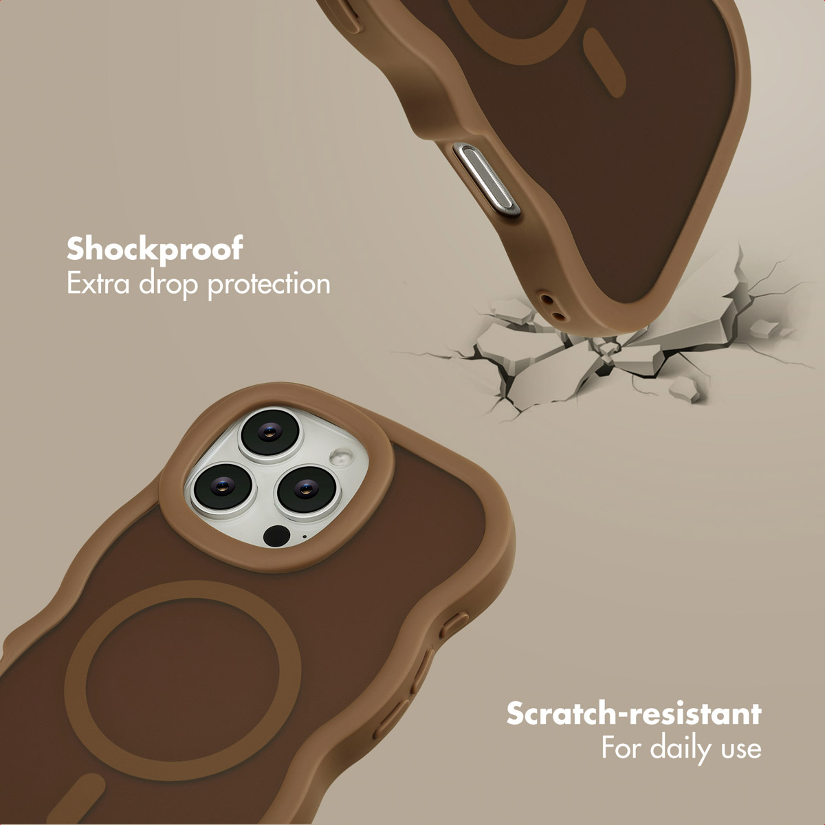 Coque de téléphone marron antichoc avec anneau MagSafe, offrant protection et résistance.