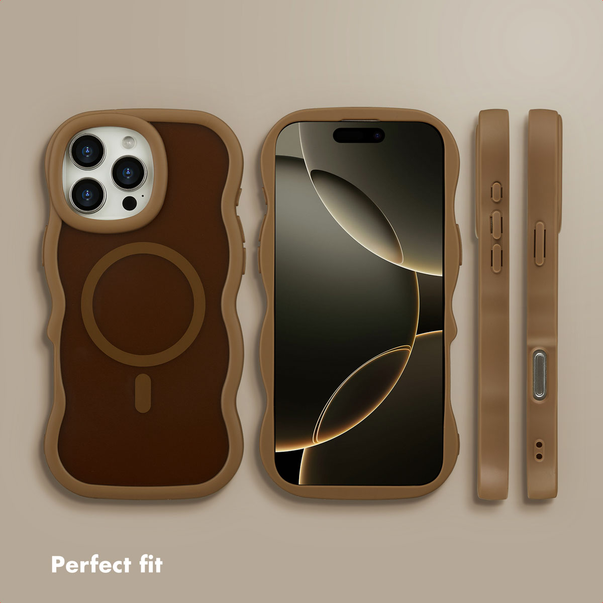 Coque de smartphone marron aux bords ondulés avec MagSafe sous plusieurs angles.