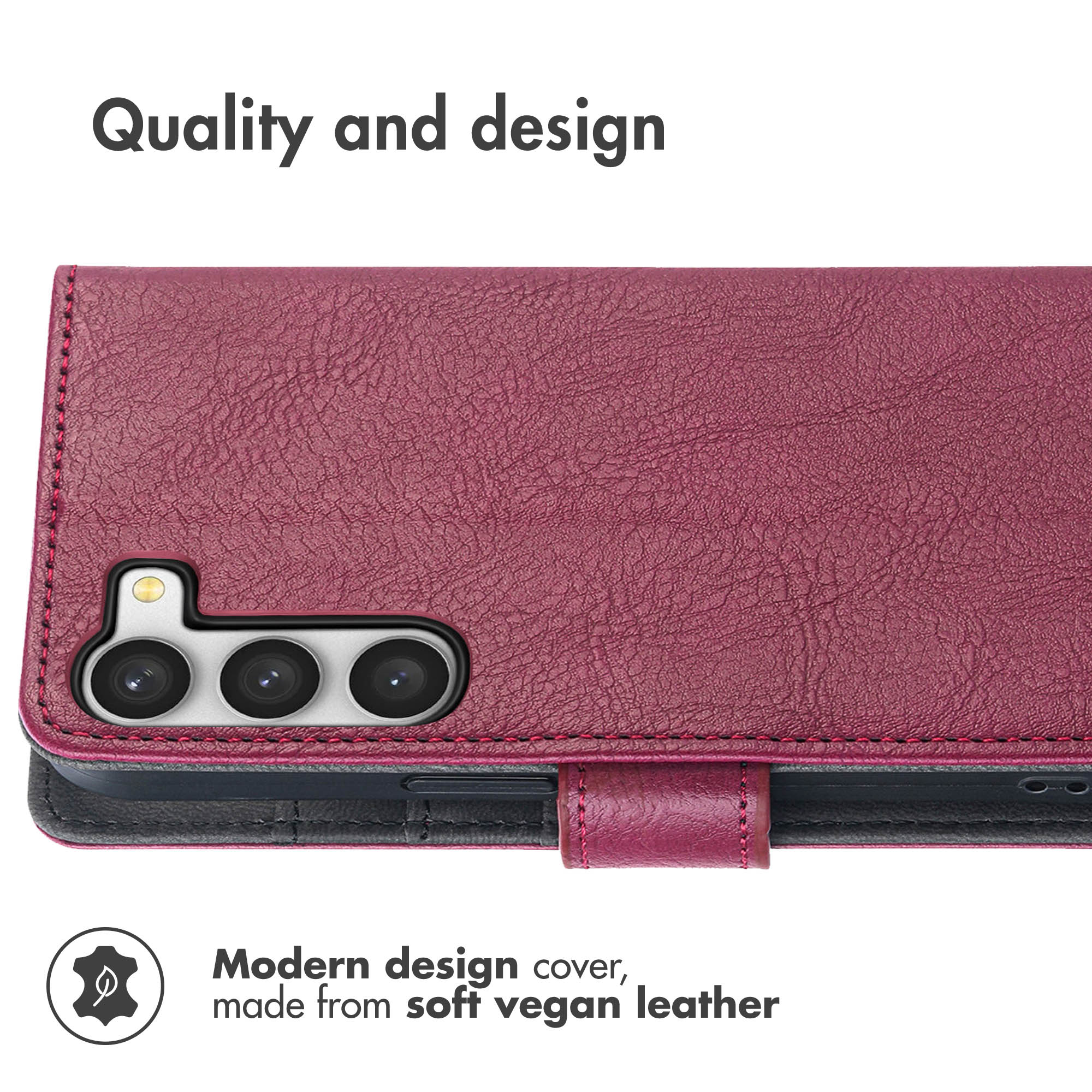 Coque de téléphone en cuir vegan bordeaux avec découpes.