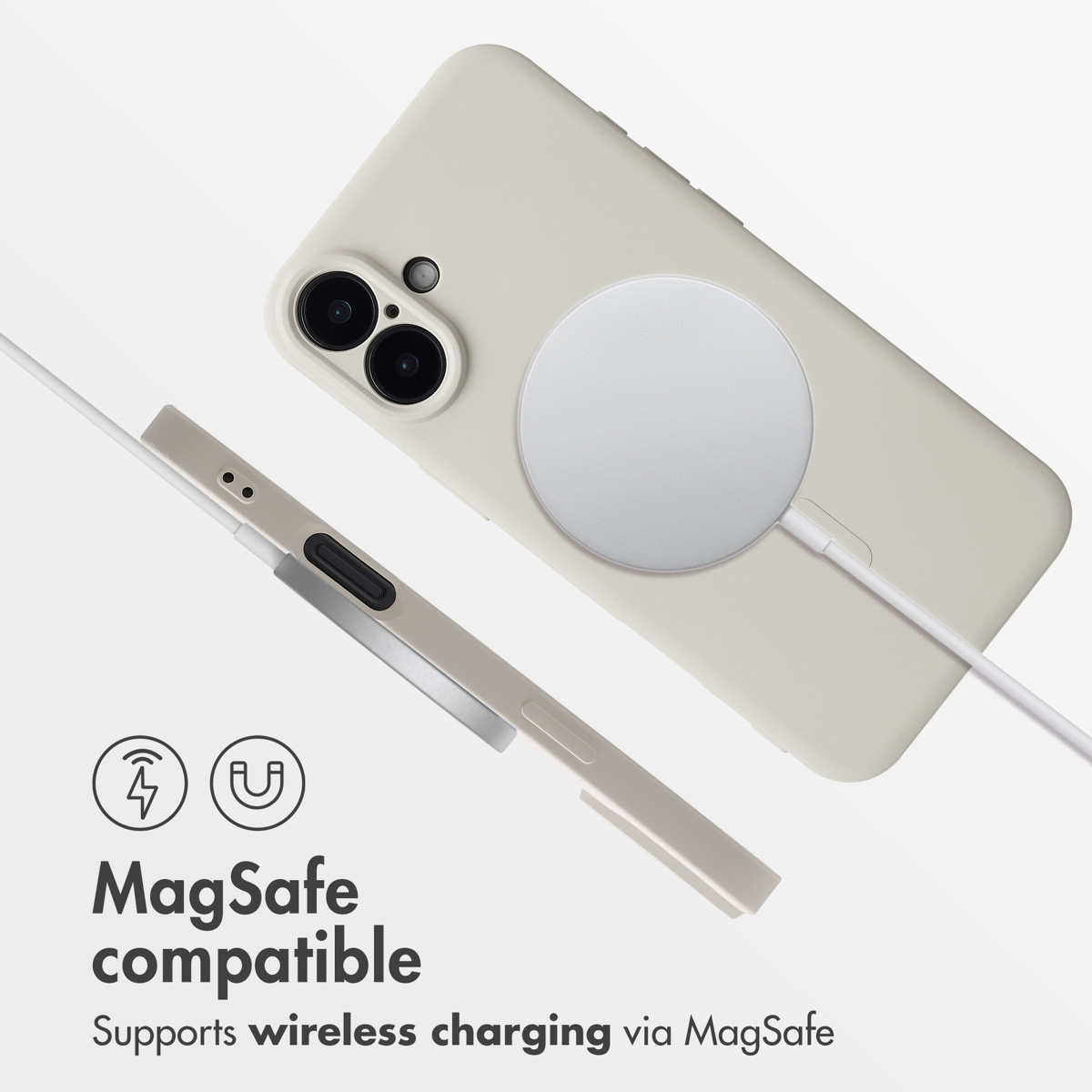 Funda de teléfono beige con círculo MagSafe y cable de carga sobre fondo blanco, junto a iconos de carga inalámbrica.