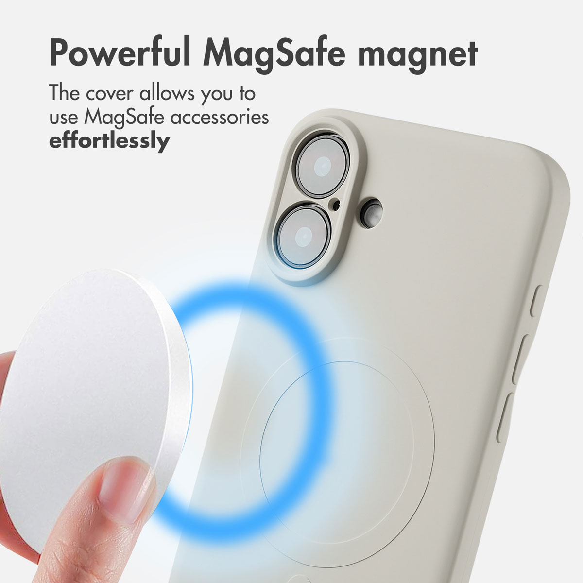 Funda para móvil con función MagSafe y una mano sosteniendo un imán circular blanco.