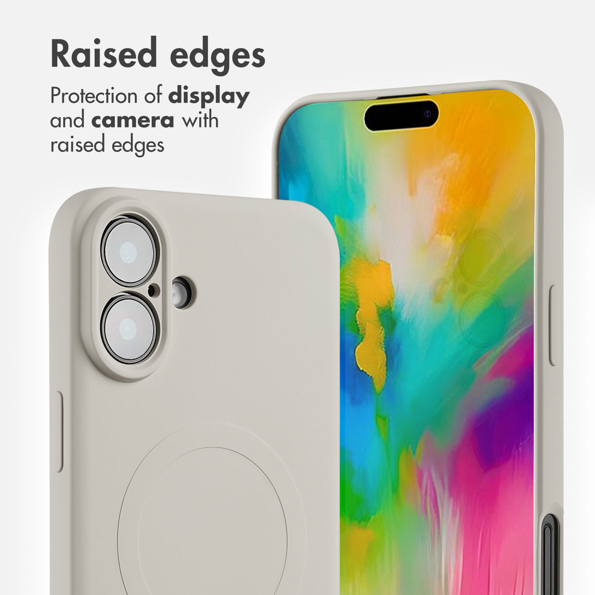 Smartphone con funda beige y bordes elevados para proteger la pantalla y la cámara.