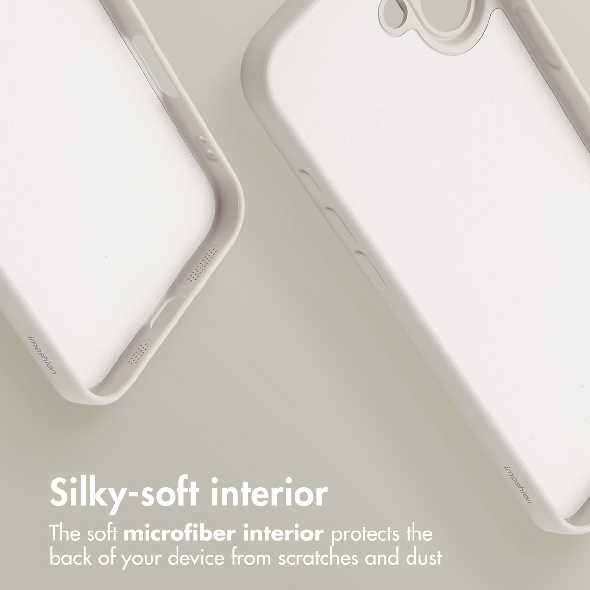 Dos fundas de móvil gris claro con interior de microfibra sobre fondo gris claro y texto.