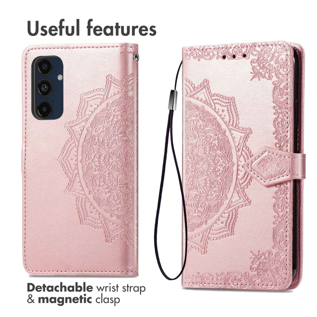Custodia rosa a portafoglio con mandala, laccetto e chiusura magnetica.