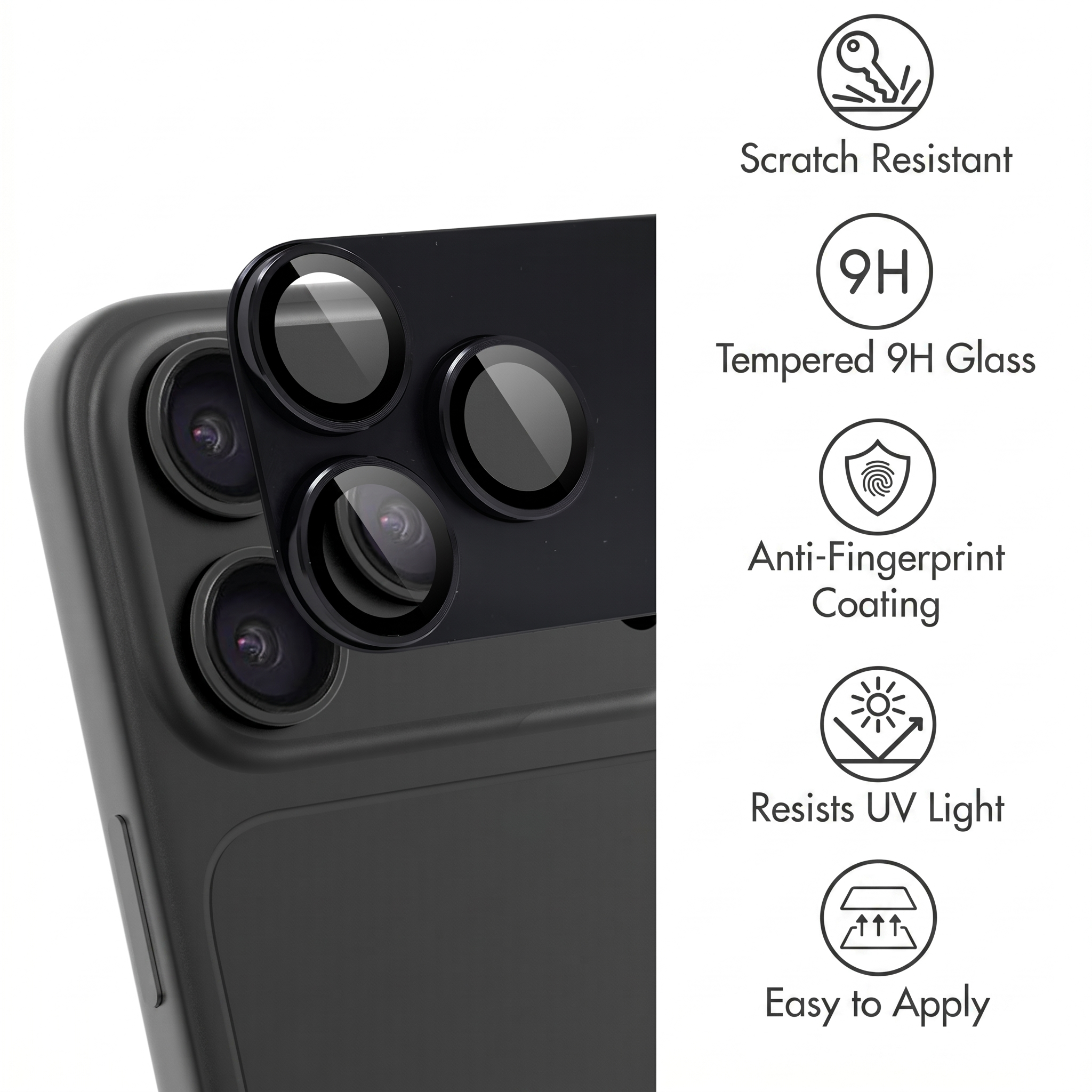 Proteggi fotocamera per smartphone con icone per resistenza ai graffi, vetro 9H, anti-impronta, protezione UV e facile installazione.