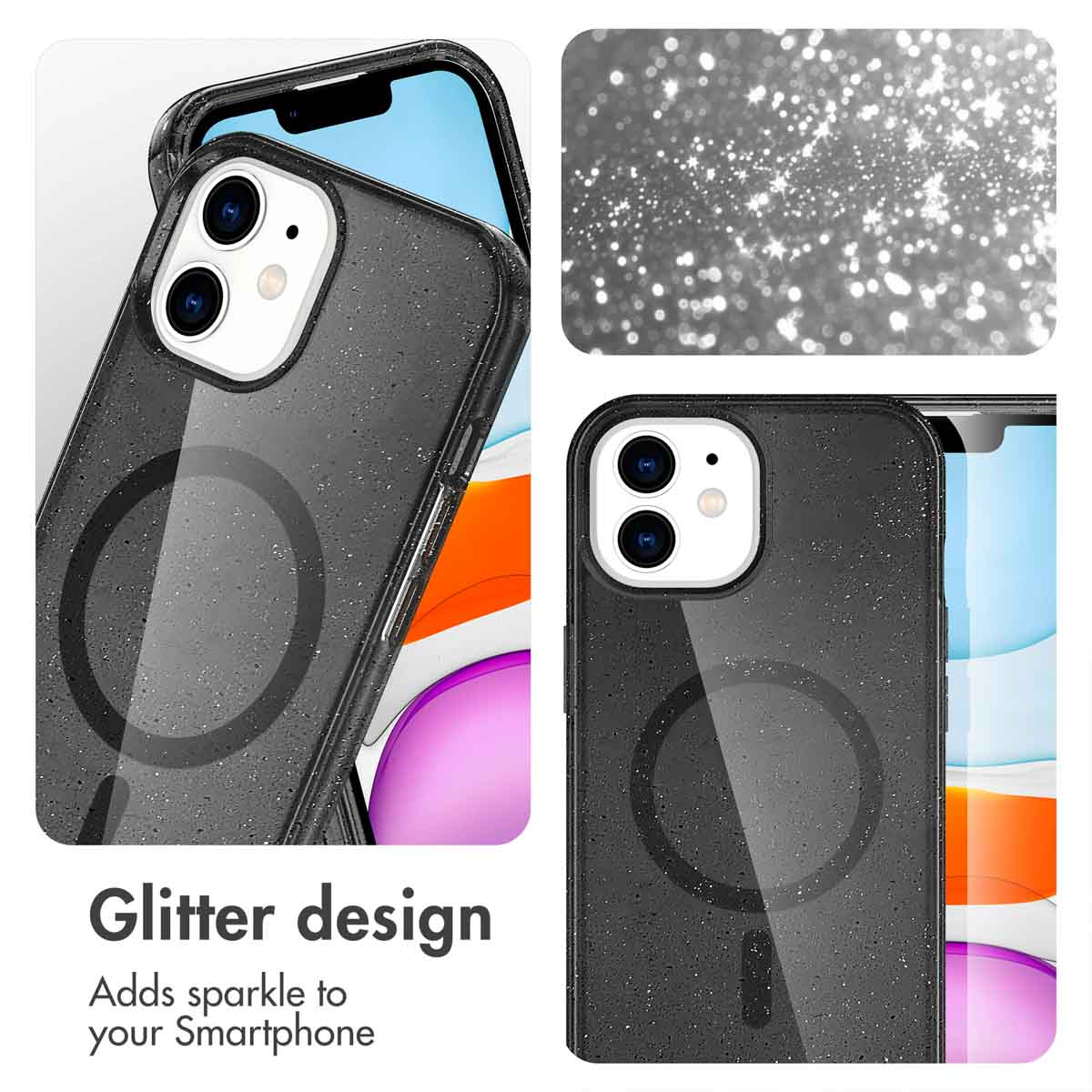 Cover per smartphone nera glitterata con anello MagSafe e ritaglio per fotocamera su sfondo bianco.