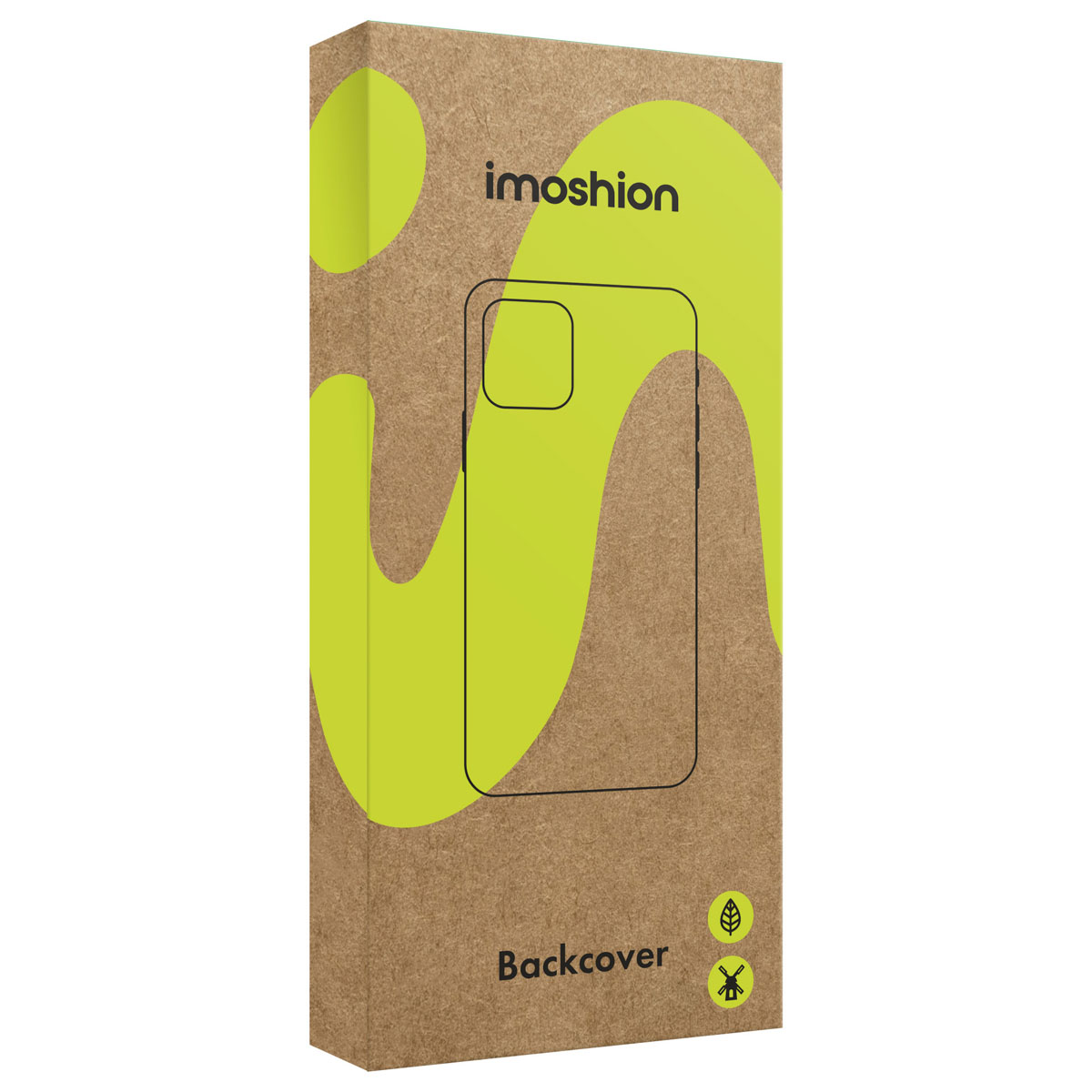 Una caja de cartón marrón con ondas verdes muestra el logotipo de imoshion y el texto Backcover.