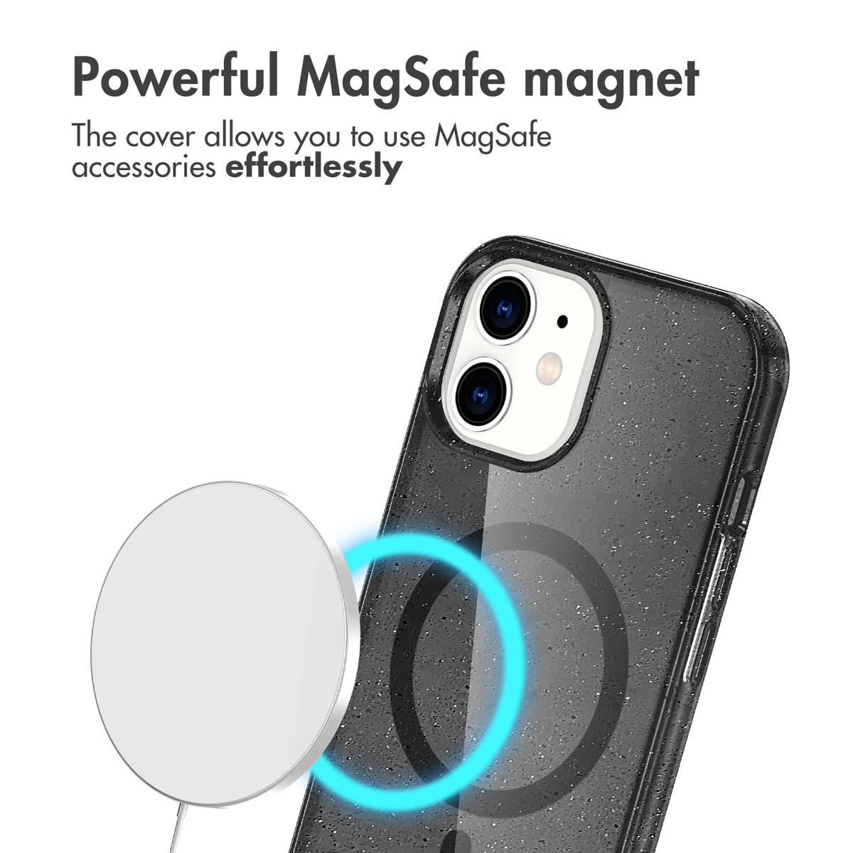 Uno smartphone in una cover scura con un caricatore MagSafe luminoso accanto. Testo promozionale in alto.