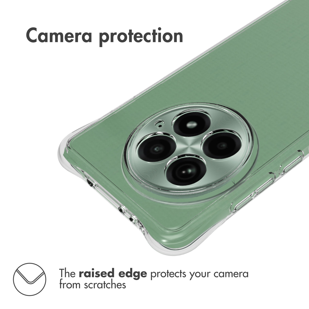 Retro di uno smartphone verde con modulo fotocamera circolare e custodia protettiva trasparente. Testo sulla protezione.