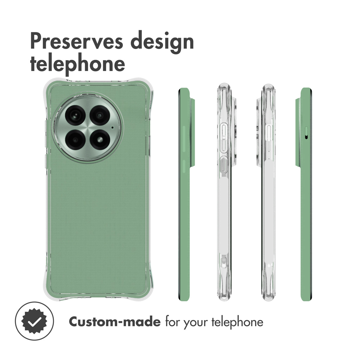 Custodia per telefono verde mostrata da più angolazioni con testo.