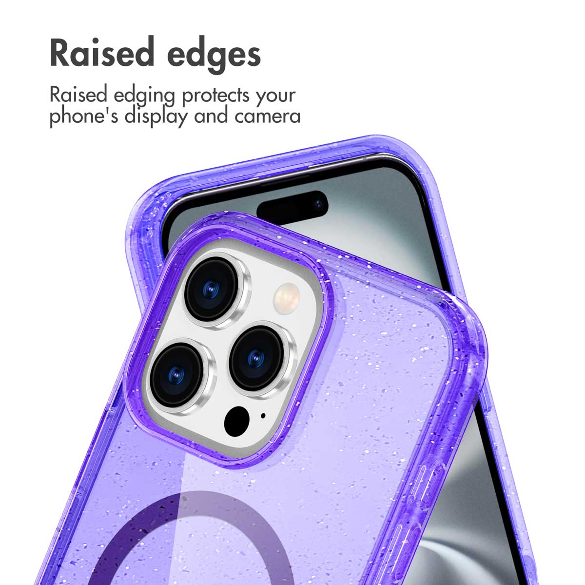 Cover per telefono viola glitterata con bordi rialzati per proteggere schermo e fotocamera.