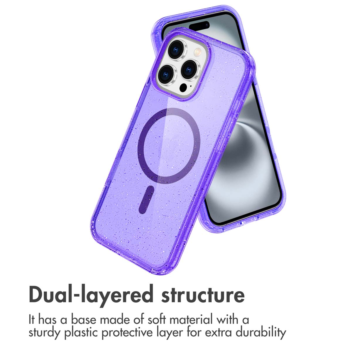 Custodia per telefono viola glitterata con anello MagSafe, in due parti.