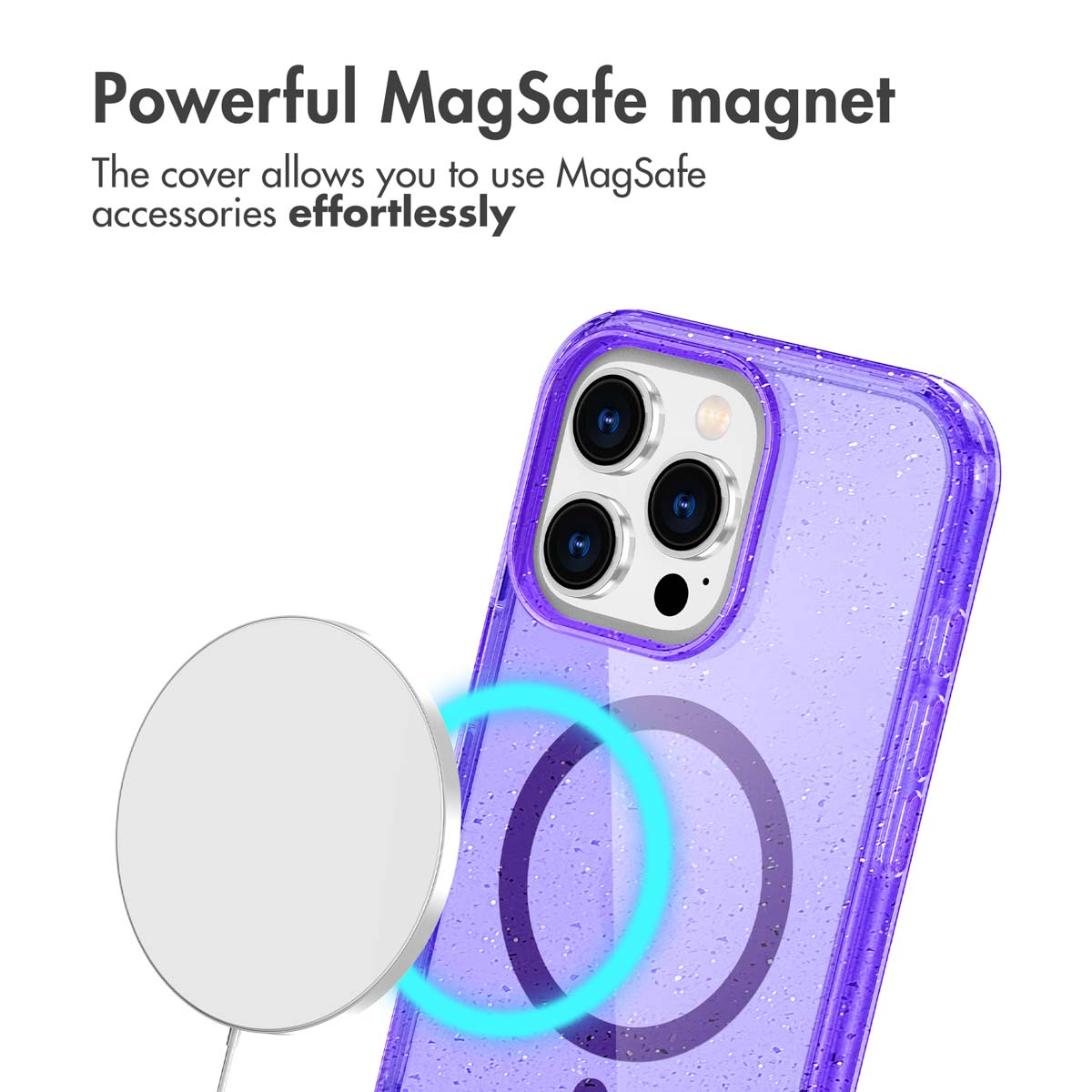 Custodia per telefono viola glitterata con forte magnete MagSafe per ricarica.