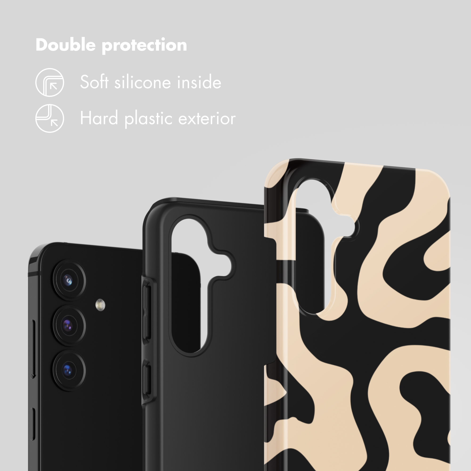 Tres teléfonos con fundas negras y de vaca. Texto: Silicona suave dentro, plástico duro afuera.