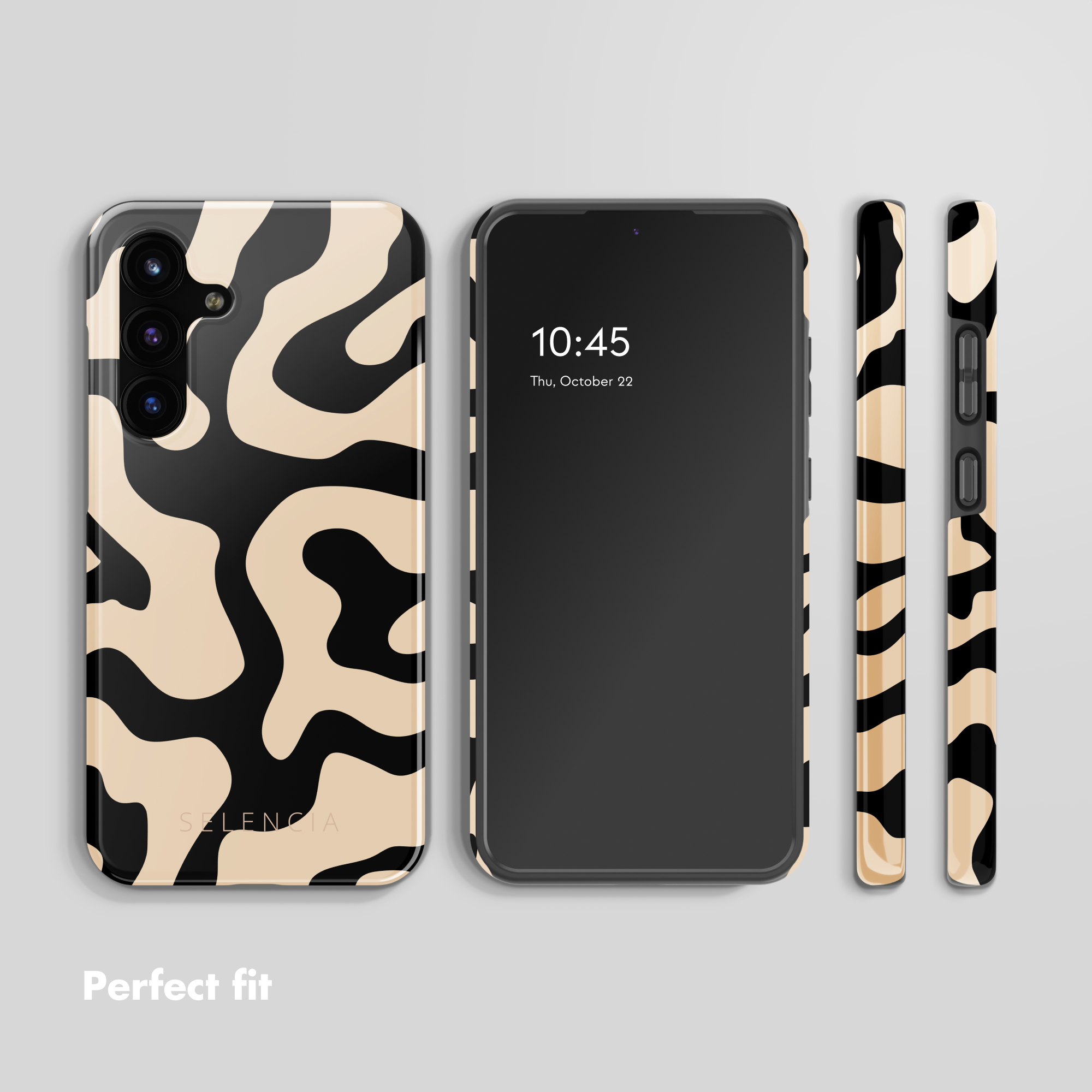 Un teléfono inteligente visto desde varios ángulos con una funda con patrón abstracto negro y beige.
